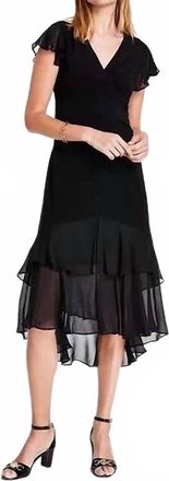 Tommy Hilfiger Womens V-Neck Chiffon-Trim Midi Dress With Flutter Sleeves In Black