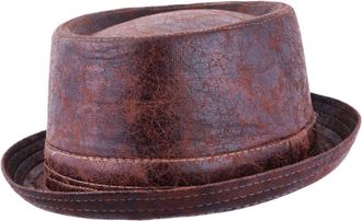 JMC New Cracked Distressed Vintage Leather Look Pork Pie HAT (55cm, Brown)