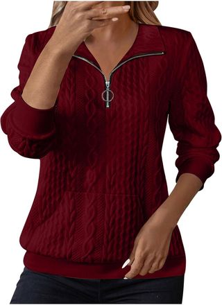 Generic Sweatshirts for Women Cable Knit Jumpers Lapel Half Zip Pullover Ladies Thermal Sweatshirt Long Sleeve Tops Winter Autumn Sweaters Warm Tunics for Off