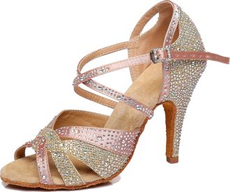 Minitoo Womens Latin Salsa Ballroom Dance Shoes with Rhinestones Wedding Evening Sandals L388 Pink 10cm Heel UK 5.5