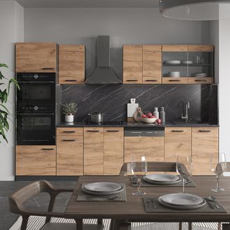 Vicco Mueble De Cocina R-line, Oro Power Roble/antracita, 300 Cm Con Armario Alto, Sin Encimera
