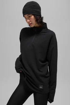 Alo | Double Take Long Sleeve 1/4 Zip Sweatshirt in Black, Size: Medium