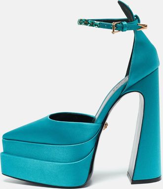 Versace Teal Blue Satin Aevitas Crystal Embellished Ankle Strap Platform Block Heel Pumps