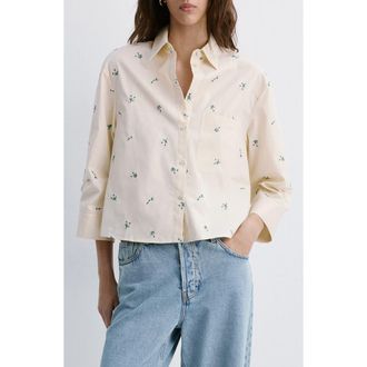 Mango Ditsy Floral Embroidered Button-Up Cotton Shirt in Pastel Yellow at Nordstrom, Size 2