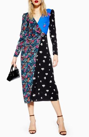 Topshop Grand Estate Mix Midi Dress in Blue Multi at Nordstrom, Size 6 Us