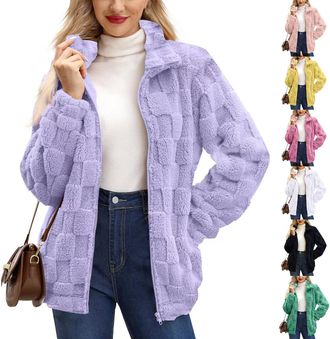 Generic Teddy Fleece Jacket Women Coats Long Sleeve Sherpa Jacket Sweatshirts Outdoor Sport Ladies Lightweight Warm Full Zip Coat With Pockets (Light Violet, 