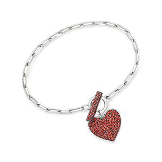 Ross-Simons Garnet Heart Paper Clip Link Toggle Bracelet in Sterling Silver