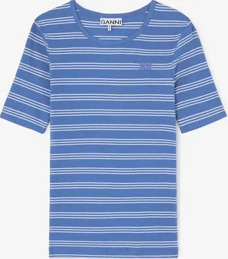 Ganni Nouvean Navy T-shirt in Cotton Rib - Size XXS Organic