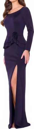 Cameron Blake Evening Sheath Gown With Peplum Waist In Dark Amethyst