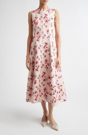 Emilia Wickstead Mara Floral Sleeveless A-Line Faille Midi Dress in Summer Lillies Red On Pink at Nordstrom, Size 10 Us