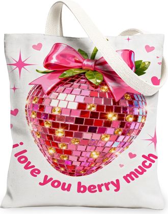Generic Heart Shaped Peach Canvas Tote Bag, Cute Bow Design Reusable Shopping Bags, ValentineS Day Lightweight Washable Shoulder S, Peach, 13x15 Inch