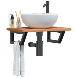 Berkfield Home Basin Shelf Wall Mounted Steel & Solid Wood Beech in Brown