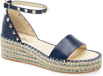 Valentino Garavani Rockstud Espadrille Wedge Sandal in Navy at Nordstrom, Size 40