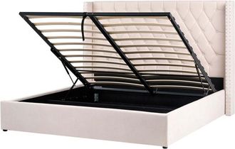 Beliani EU Super King Size Velvet Ottoman Bed 6ft with Storage High Headrest Off-White Lubbon