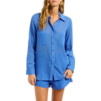 Seafolly Breeze Beach Button-Up Cotton Gauze Cover-Up Shirt in Sapphire at Nordstrom, Size X-Large