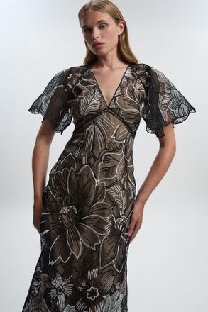 Karen Millen Womens Hand Embroidered And Sequin Organdie Deep V Woven Maxi Dress - Monochrome Multi - Size 10 UK