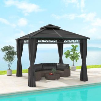 OUTSUNNY Double Roof Hard Top Gazebo with Nettings & Curtains in Dark Grey