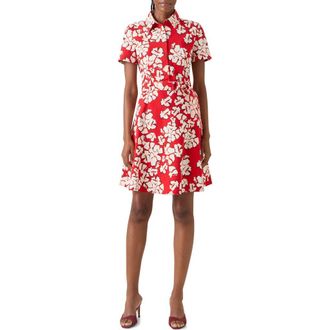 Akris Papercut Flower Belted Stretch Denim Shirtdress in Red-Cream at Nordstrom, Size 12
