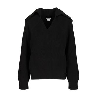 Bottega Veneta Ribbed-Knit Cotton Polo Jumper - female - Bottega Veneta - V-neck Knitwear - Black - XS - Knitwear
