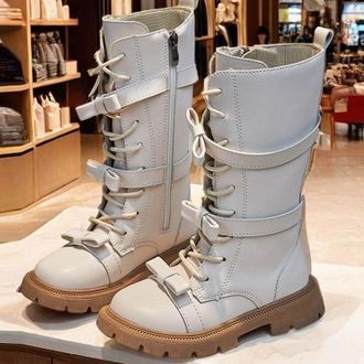 Generic Girls Lace-Up Mid Calf Combat Boots with Side-On Zipper Round Toe Water Proof Comfortable Warm Shoes Chunky Heel Non-Slip Casual Punk Goth Riding Walk