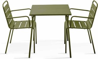 Oviala Conjunto mesa de jard&iacute;n cuadrada y 2 sillas de acero verde caqui