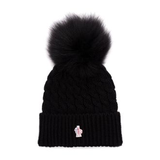 Moncler Geribbelde muts met bontpompon - Dames - Accessoires - Zwart - Maat: ONE Size Wol