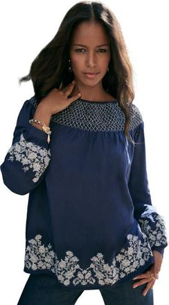 Roaman's Embroidered Smocked Blouse in Navy Paisley Embroidery at Nordstrom, Size 26