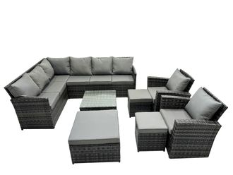 Fimous 11 Seat Poly Rattan Corner Sofa Set with 3 Stools 2 Chairs in Dark Grey