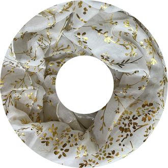 Lina & Lily Floral Gold Foil Womens Snood Scarf Lightweight (White)