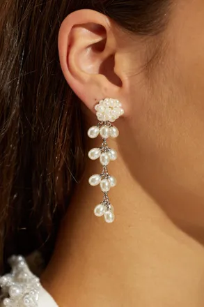 Self Portrait Long Earrings With Glass Pearls, Womens, Silver