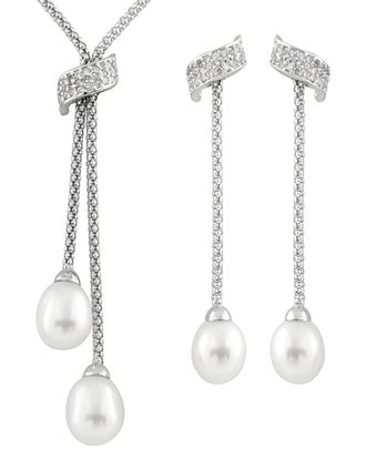 Splendid Pearls Silver 7-9Mm Freshwater Pearl & Cz Earrings & Necklace Set Set