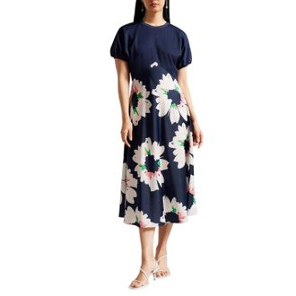 Ted Baker Midi-jurk met bloemenprint, A-lijn en pofmouwen voor dames (Donkerblauw)