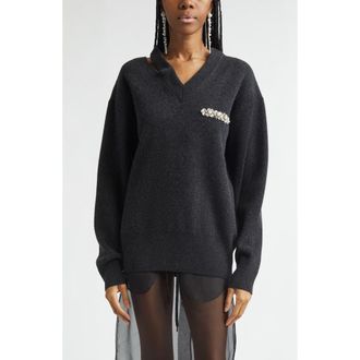 Simone Rocha Seam Bite Embellished Virgin Wool Blend Sweater in Charcoal/Pearl/Clear at Nordstrom, Size X-Small