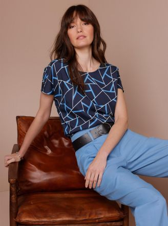 Cr&eacute;ation L Druckbluse CREATION L PREMIUM, Damen, Gr. 36, marine, himmelblau, bedruckt, 100% Lyocell, bedruckt, gemustert, mehrfarbig, Rundhals, Blusen Druckbluse