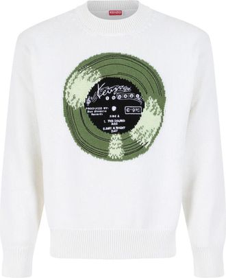 Kenzo Cotton Record Print Sweater - Heren - Ronde hals truien - Wit - M - Katoen - Truien & Vesten