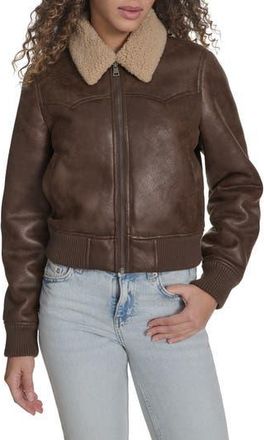 Levi's Faux Shearling Trim Faux Leather Western Bomber Jacket in Coffee at Nordstrom Rack, Size X-Large