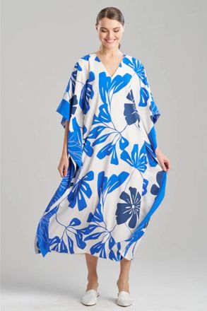 Natori Palma Caftan Womens Blue Milti Floral Side Slits V-Neck DDR2225
