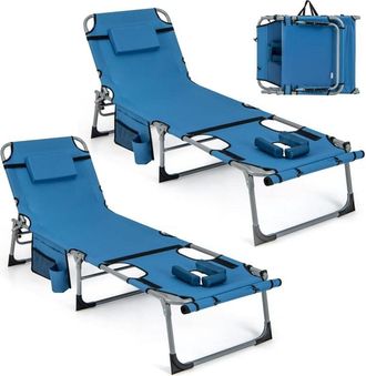 Costway Sedia a Sdraio Pieghevole, Lettino Prendisole Regolabile in Metallo, con Poggiatesta, Cuscino e Tasca, per Spiaggia, Giardino, Balcone, Fino