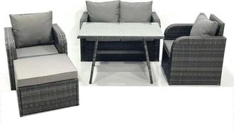 Fimous Outdoor Garden Furniture Set Rattan Sofa Dining Table Set with Reclining Chair Big Footstool Dark Grey Mixed - Fimous