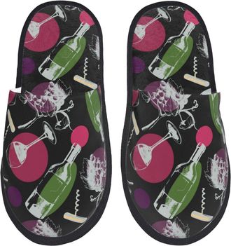 Generic Cotton Slippers Wine Bottle Glass Cool Print Furry Hotel Slippers Reusable House Shoes For Indoor Spa Winter M