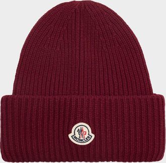 Moncler Mens Cashmere and Wool Rib Logo Beanie Hat