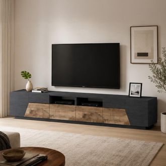 Dmora Dmora - Mueble Tv Para Sal&oacute;n, Made In Italy, Mueble Tv Con 4 Puertas Geom&eacute;tricas Y 2 Cajones, 260x43h46 Cm, Pizarra Y Arce, Con Embalaje Reforzado