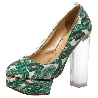 Charlotte Olympia Green Leaves Printed Canvas And Pvc Mabel Platform Pumps