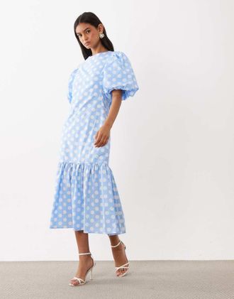 Sister Jane Sister Jane Seaglass vestito midi in cotone con maniche a sbuffo e vita bassa a pois blu