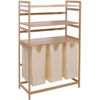 Hhg Cestino portabiancheria in bamb&ugrave; HHG-018, con 3 ripiani, scaffale bagno, 3 ceste MVG 125x80x40cm 135l, avorio