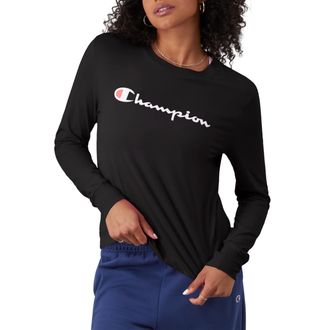 Champion Womens, Classic Long-Sleeve Tee, Comfortable T-Shirt, Black, S