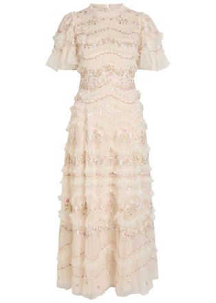 Needle & Thread Marina Ruffled Floral Embellished Tulle Gown - Cream - 18 (UK18 / Xxl)