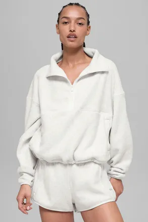 Alo | Polar Fleece Retreat Cover Up Sweatshirt in White Heather Grey, Size: Medium