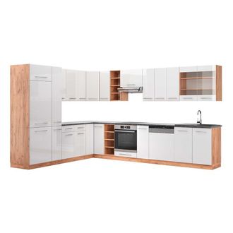 Vicco Cocina Esquinera Fame-line, Blanco Brillo Intenso/roble Dorado, 347 X 257 Cm, Et Antracita