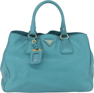 Prada Convertible Shopper Tote Vitello Daino Blue Leather Handbag (Pre-Owned)